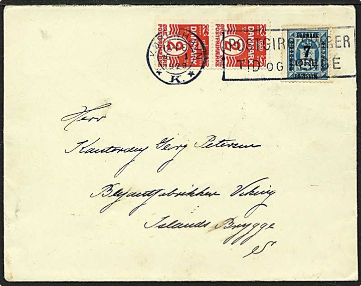 2 øre rød bølgelinie og 7/4 øre blå provisorie på lokalt sendt brev fra København d. 26.1.1929.