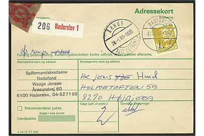 10 kr. gul rigsvåben på adressekort fra Haderslev d. 22.1.1980 til Højbjerg. Århus / Avis og pakke sn 1 brotypestempel. Meget godt stempel.