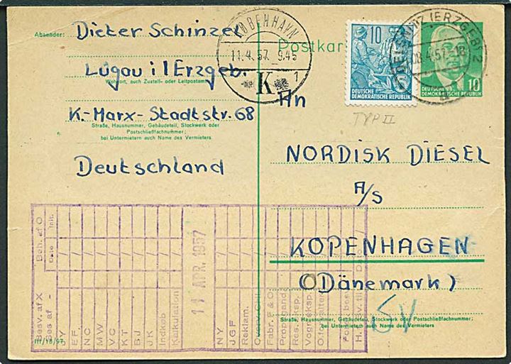 DDR. 10 pfg. Pieck helsagsbrevkort opfrankeret med 10 pfg. fra Olesnitz d. 8.4.1957 til København, Danmark.