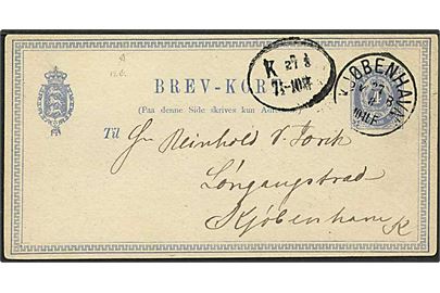 4 øre blå tofarvet, variant i rammenornamentet, lokalt sendt enkeltbrevkort fra København d. 27.8.1877.