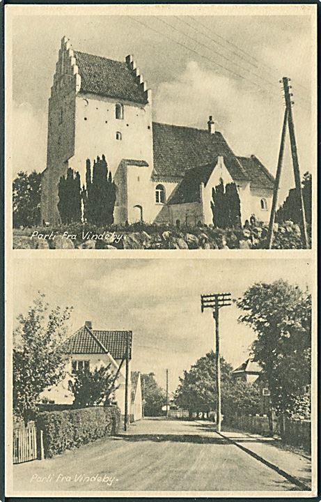 Parti fra Vindeby med huse og Kirken. Stenders no. 6062/6061.