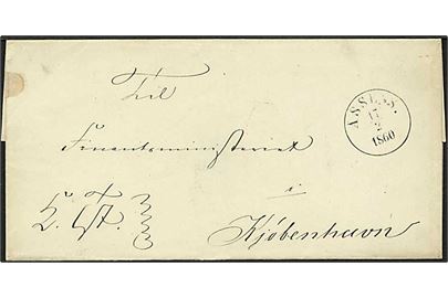 Ufrankeret tjenestebrev fra Assens d. 17.2.1860 til København. Assens antikvastempel.