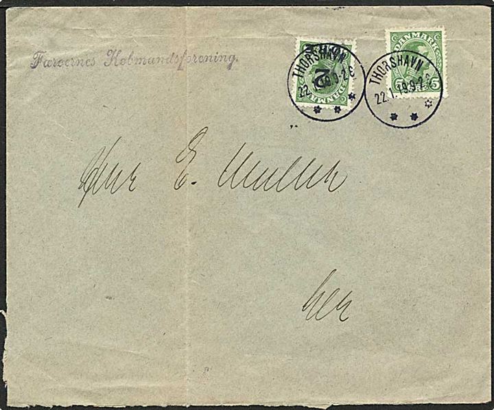 2/5 øre grøn og 5 øre grøn Chr. X på lokalt sendt brev fra Thorshavn d. 22.1.1919.