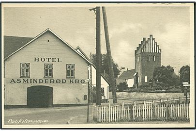 Parti fra Asminderød med Kirken og Hotel/Kro. Stenders no. 88223.