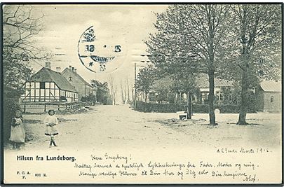 Hilsen fra Lundeborg. F. C. A. F. no. 831 E. Stempeltryk/spor på motiv siden. 