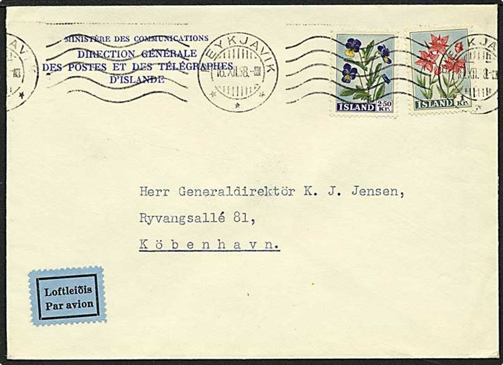1 og 2,50 kr. blomster på luftpost brev fra Reykjavik, Island, d. 16.12.1958 til København.