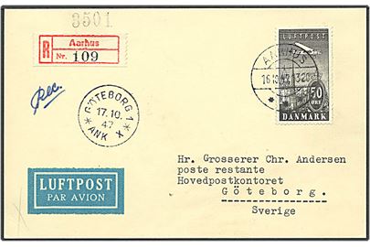 50 øre ny luftpost “Hel forfalskning” i sort (udklip). Sendt på anbefalet luftpostkort fra Aarhus d. 16.10.1947 til Göteborg, Sverige. Ankomststemplet d. 17.10.1947.