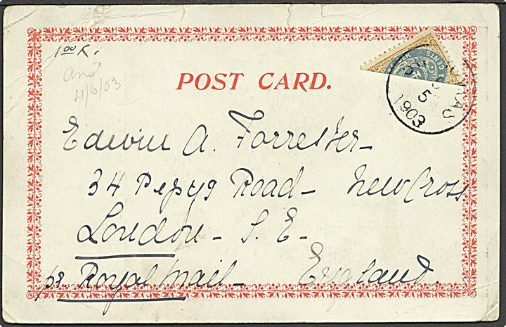 Halveret 4 cents Tofarvet single på brevkort stemplet St. Thomas d. 5.5.1903 til London, England. Påskrevet: pr. Royal Mail. God anvendelse af provisorium. Nusset.