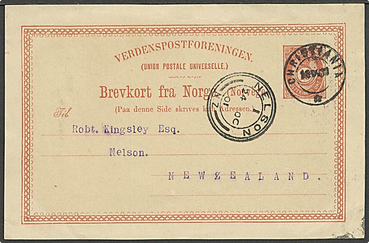 10 øre enkeltbrevkort fra Christiania d. 18.9.1901 til Nelson, New Zealand. Ank.stempel på forsiden Nelson NZ d. 24.10.1901. God destination.