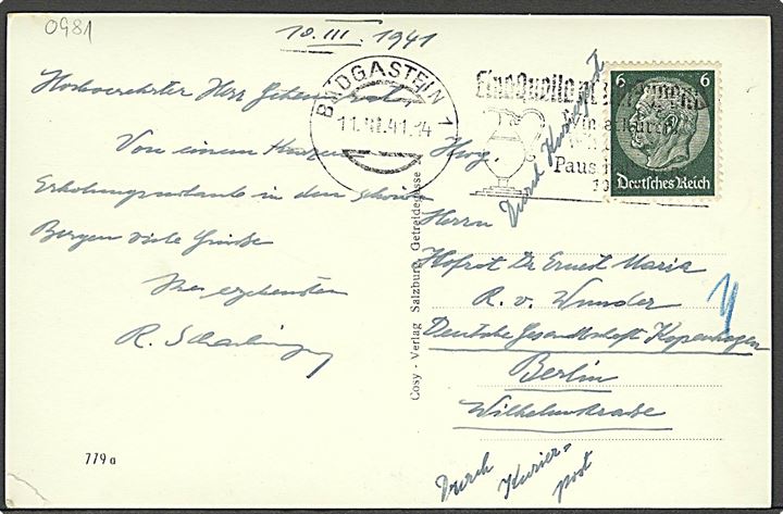 6 pfg. Hindenburg på brevkort fra Badgastein d. 11.3. 1941 via Berlin med diplomatisk kurérpost til Hofrat Dr. Ernst Maria R. v. Wunder, Deutsche Gesandtschaft, Kopenhagen, Berlin. Påskrevet: Durch Kurierpost.