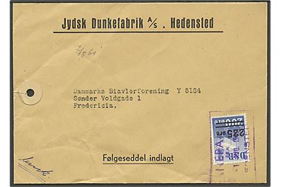 DSB 225/200 øre Banemærke provisorium på kuvert annulleret med rammestempel Banepakke fra Hedensted d. 1.8.1961 til Fredericia.