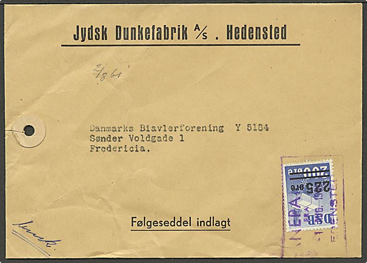 DSB 225/200 øre Banemærke provisorium på kuvert annulleret med rammestempel Banepakke fra Hedensted d. 1.8.1961 til Fredericia.
