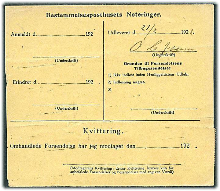 15 øre og 1 kr. Chr. X på Postopkrævnings-Adressekort for pakke fra Kjøbenhavn d. 11.2.1921 til Øre på Østerø pr. Thorshavn. 