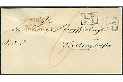 Ufrankeret tjenestebrev mærket K.d.S. med landpoststempel L.P. No. 4 (Kaltenkirschen) ca. 1855 til Kellinghausen. Påskrevet 6 sk. porto. Omslag med tape rester på bagsiden.