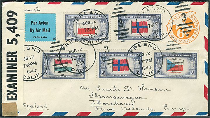Amerikansk 6 cents luftpost helsagskuvert opfrankeret med fem stk. 5 cents Flag-udg. fra Fresno d. 12.8.1943 via England til Thorshavn, Færøerne. Åbnet af britisk censur PC90/5,409 og ank.stemplet i Thorshavn d. 7.9.1943.