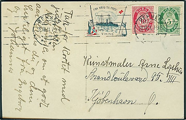 5 øre og 10 øre Posthorn, samt Fra Krig til Fred / Viking mærkat på brevkort (Øvstese) fra Bergen d. 28.12.1921 til København, Danmark.
