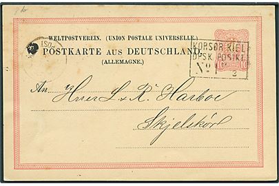 Tysk 10 pfg. helsagsbrevkort fra Kiel annulleret med dampskibsstempel Korsør - Kiel DPSK:POSTKT: No. 1 d. 14.2.1882 til Skælskør, Danmark.