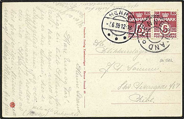 5 øre vinrød bølgelinie på postkort fra Henne Strand d. 7.6.1939 til Ribe. Henne Strand stjernestempel.