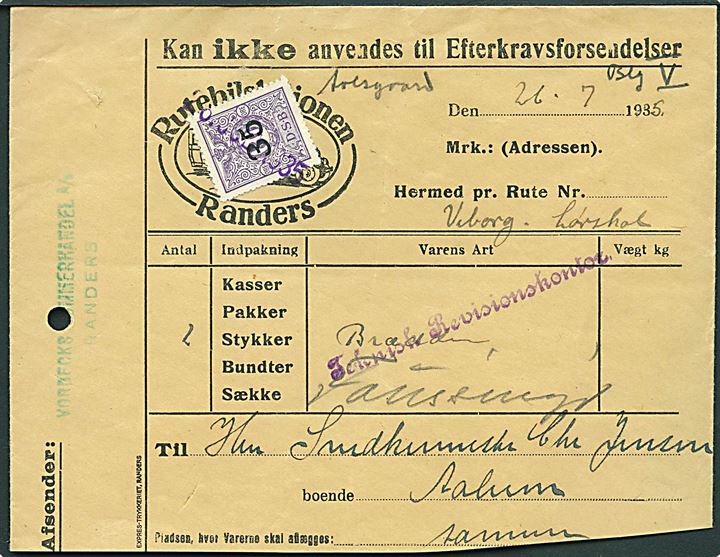 D.S.B. 35/80 øre Fragtmærke provisorium annulleret med datostempel d. 26.7.1935 på fortrykt Rutebilstationen Randers fragtbrev fra Randers til Aulum. Arkivhul og skåret i bunden.