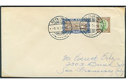 10 aur Landskab og 25 aur Chr. X på brev fra Reykjavik d. 8.5.1934 til San Francisco, USA. 