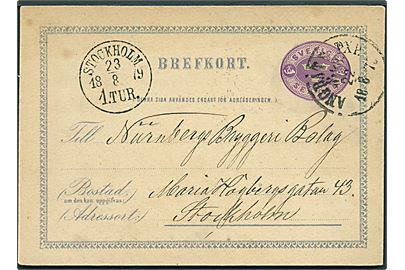 6 öre helsagsbrevkort dateret Dalarö annulleret med skibsstempel Ångbåts PXP. No. 28 d. 22.8.1879 til Stockholm. 