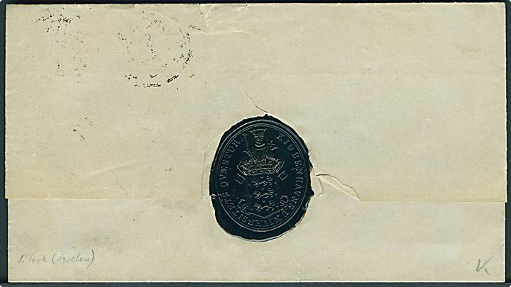 4 R.B.S. Ferslew chocholadebrun bå brev annulleret med stumt stempel og sidestemplet antiqua Kiøbenhavn d. 15.4.1852 til Slagelse. På bagsiden sort laksegl fra Københavns Universitet.