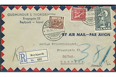 5 aur Torsk, 35 aur Sild og 2 kr. Viking på anbefalet luftpostbrev fra Reykjavik d. 10.12.1945 til Aarhus, Danmark.