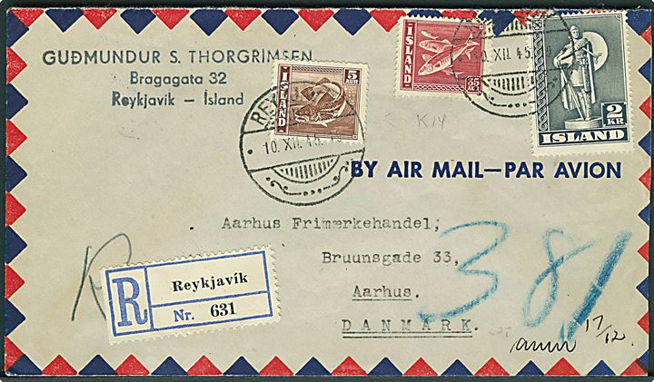 5 aur Torsk, 35 aur Sild og 2 kr. Viking på anbefalet luftpostbrev fra Reykjavik d. 10.12.1945 til Aarhus, Danmark.