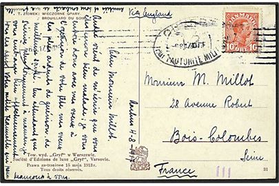 10 øre rød Chr. X på postkort fra Aarhus d. 4.8.1917 til Bois-Colombes, Frankrig, via England.