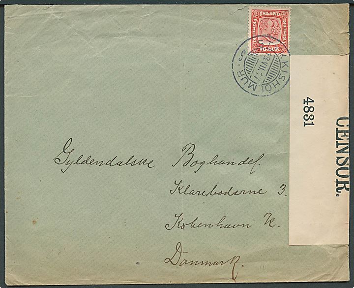 10 aur To Konger single på brev fra Stykkisholmur d. 18.7.1917 til København, Danmark. Åbnet af britisk censur no. 4831. Ankommet til København d. 8.9.1917