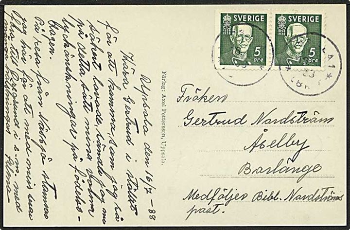Ufrankeret postkort fra Gustav, par, på postkort fra Upsala, Sverige, d. 16.7.1938 til Åselby.