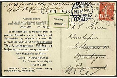 10 cent brun på postkort fra Nice, Frankrig, d. 14.10.1913 til København. Mærkat med ubekendt og returneret.