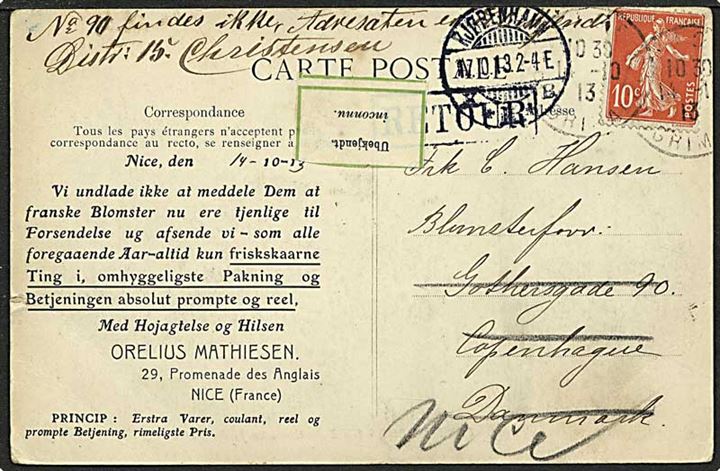 10 cent brun på postkort fra Nice, Frankrig, d. 14.10.1913 til København. Mærkat med ubekendt og returneret.