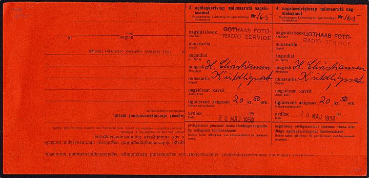 50 øre Ishavsskib på Opkrævningsfragtbrev stemplet Godthåb d. 22.5.1958 for pakke til Kutdligssat. God forsendelsestype. Ufoldet.