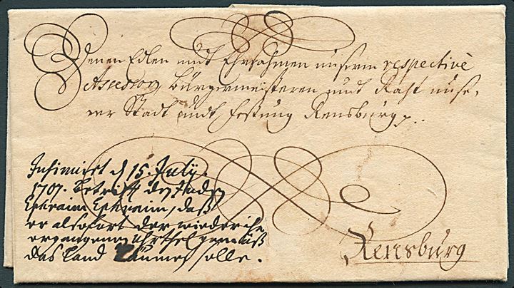 1707. Fr. IV. Kongebrev dateret Frederiksborg slot d. 11. 7.1707 til Rendsburg vedr. forvisning af jøden Ephraim Ephraim, som i 1699 skulle have slået ulovlige mønter. Stort papirsegl. Meget dekorativ.