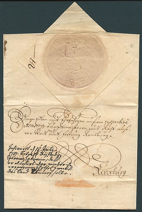 1707. Fr. IV. Kongebrev dateret Frederiksborg slot d. 11. 7.1707 til Rendsburg vedr. forvisning af jøden Ephraim Ephraim, som i 1699 skulle have slået ulovlige mønter. Stort papirsegl. Meget dekorativ.