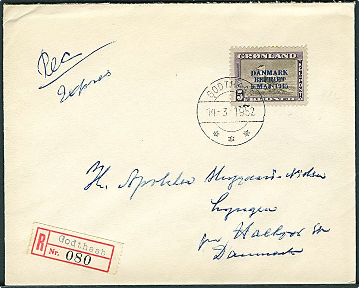 5 kr. “Danmark Befriet” provisorium single på anbefalet ekspresbrev fra Godthaab d. 14.3.1952 til Halkjær St., Danmark. Filatelistisk.