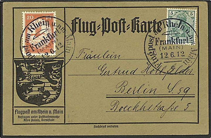 25 pfennig på luftpostkort fra Frankfurt, Tyskland, d. 12.6.1912 til Berlin.