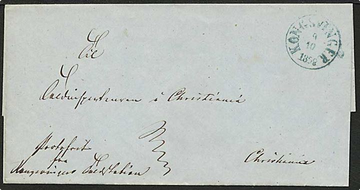Ufrankeret brev fra Kongsvinger, Norge, d. 9.10.1858 til Christiania.