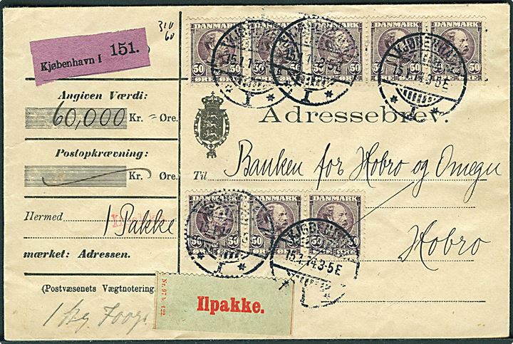 50 øre Chr. IX i 3-stribe og 5-stribe på 4 kr. frankeret adressebrev for 60.000 kr. værdi-ilpakke fra Kjøbenhavn d. 15.1.1914 til Hobro. Flot forsendelse.