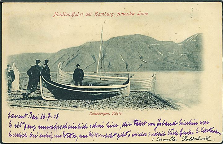 5 øre og 10 øre Giæver 2. udg. (1906) Spitsbergen lokal-mærker stemplet BELL-SUND * SPITZBERGEN * d. 17.7.1908 og 10 øre Posthorn stemplet Tromsø d. 19.7 til Berlin, Tyskland. Fra Hamburg Amerika Linie dampskib S/S “Blücher”s Nordlandsfahrt 1908. 