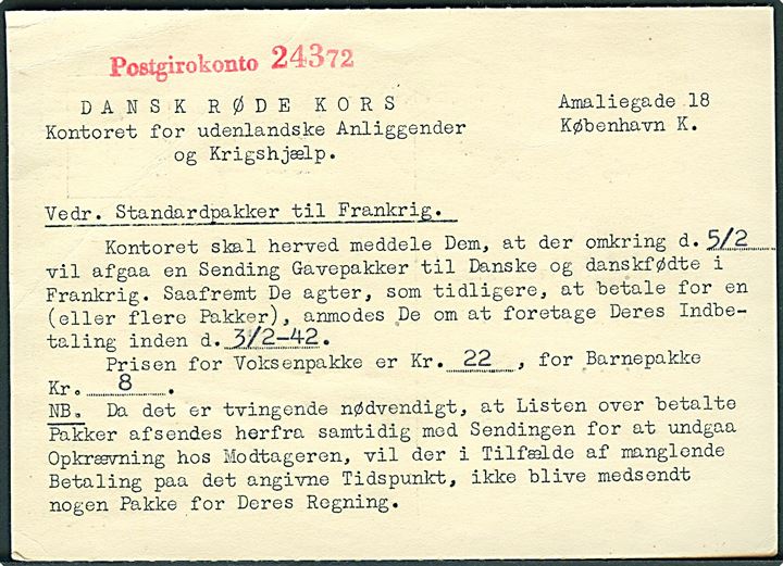 6 øre Bølgelinie på tryksag fra Dansk Røde Kors  med tryksagskontrol TMS fra København K. d. 22.1.1942 til Nykøbing F. Meddelelse vedr. forsendelse af standard Gavepakker til Frankrig. Stort Røde Kors stempel.