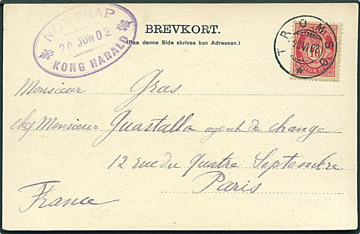 10 øre Posthorn på brevkort (Nordland, Svartisen) fra Tromsø d. 22.6.1902 og sidestemplet med privat ovalt skibs-stempel NORDKAP * KONG HARALD * d. 20.6.1902 til Paris, Frankrig.