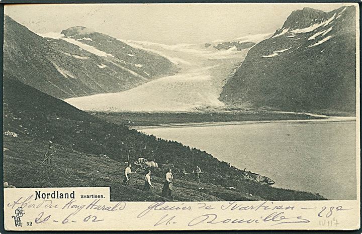 10 øre Posthorn på brevkort (Nordland, Svartisen) fra Tromsø d. 22.6.1902 og sidestemplet med privat ovalt skibs-stempel NORDKAP * KONG HARALD * d. 20.6.1902 til Paris, Frankrig.