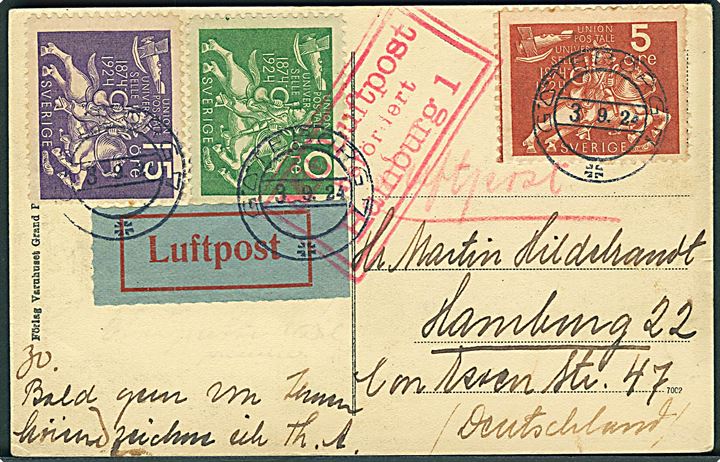 5 öre, 10 öre og 15 öre UPU 50 år på luftpost brevkort fra Göteborg d. 3.9.1924 til Hamburg, Tyskland. Ramme-stempel “Mit Luftpost befördert Hamburg 1”. 
