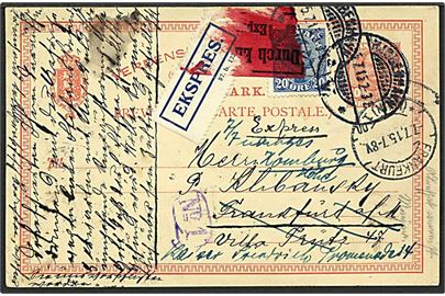10 øre rød Fr. VIII expres enkeltbrevkort opfrankeret med 20 øre blå Chr. X fra København d. 5.7.1915 til Frankfurt, omadresseret til Hamburg, Tyskland.