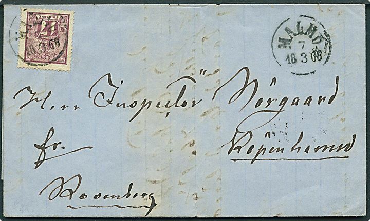 17 öre Løve rødlilla single på brev fra Malmö d. 7.3.1868 til Rosenborg, Kjøbenhavn, Danmark. 