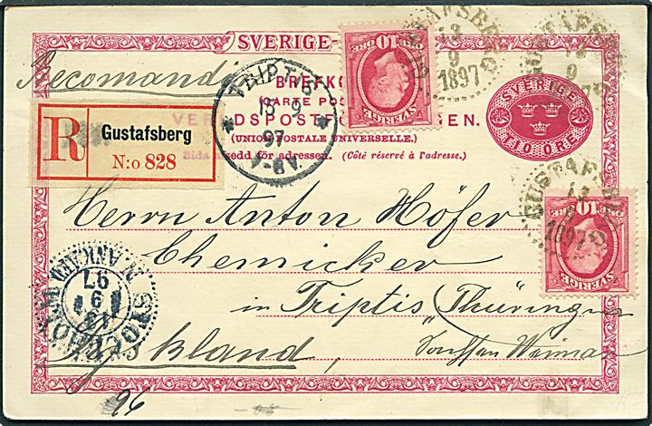 10 öre helsagsbrevkort opfrankeret med 10 öre Oscar II (2) og sendt anbefalet fra Gustafsberg d. 13.9.1897 til Triptis, Thüringen, Tyskland.