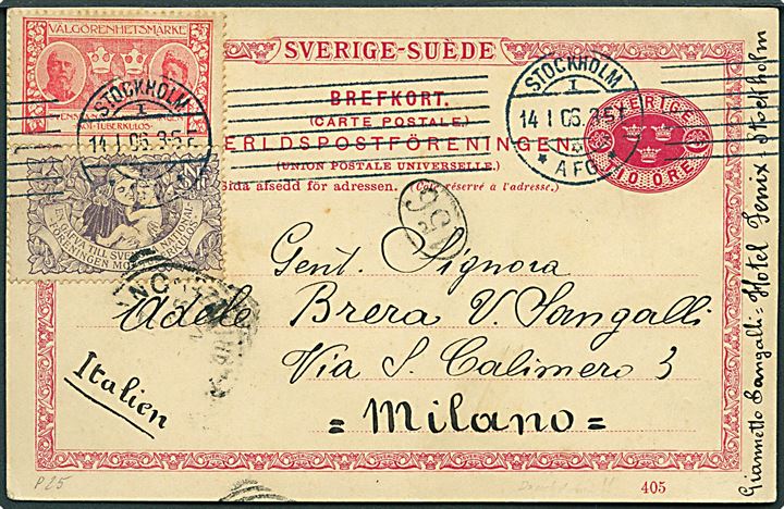 10 öre helsagsbrevkort m. to forskellige anti-tuberkulose mærker fra Stockholm d. 14.1.1906 til Milano, Italien.