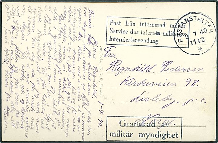 Ufrankeret brevkort fra Filipstad stemplet Postanstalten 1112 * d. 2.7.1940 til Liseby, Norge. 3-sproget stempel: Post från internerad militär og censur Granskad av militär myndighet. Norsk soldat interneret i Filipstad.